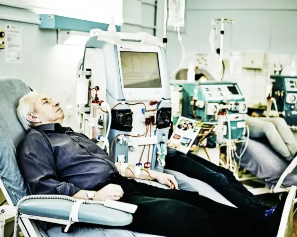 Starszy mężczyzna przechodzi dializę nerek, leżąc w fotelu obok aparatury medycznej.