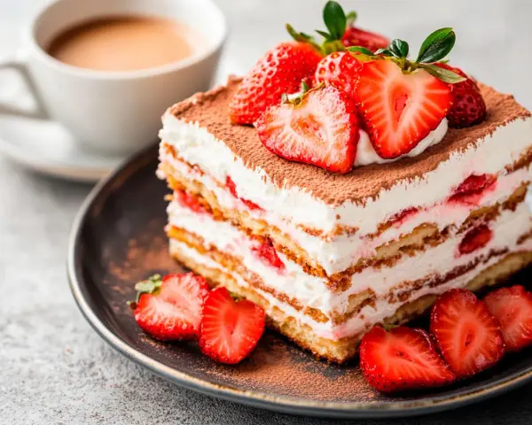 Pyszny deser tiramisu z truskawkami, idealny gdy szukasz czegoś zamiast amaretto. Podany z kawą.