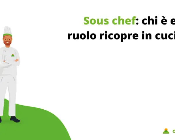Chef con barba e cappello da cuoco, braccia conserte. Titolo: "Sous chef: chi è e che ruolo ricopre in cucina?".