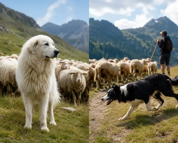 Un chien gardien de troupeau blanc veille sur un troupeau de moutons dans les montagnes. Un autre chien, un chien de berger noir et blanc, guide le troupeau avec un berger.