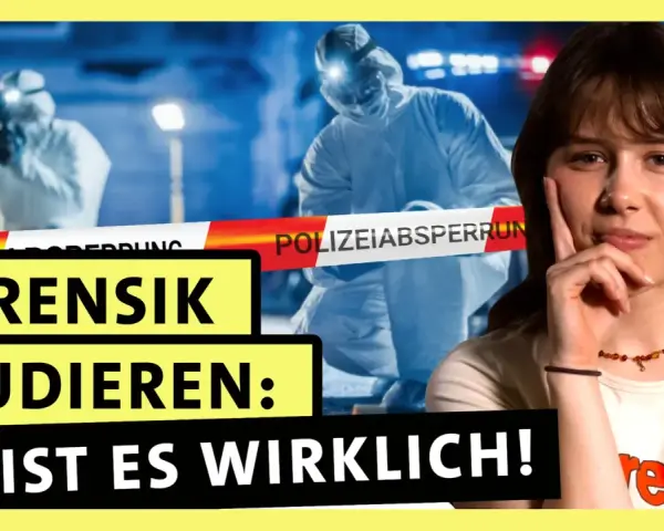 Ein junges Mädchen denkt nach, während im Hintergrund Forensiker in Schutzanzügen einen Tatort absperren. "Forensik studieren: So ist es wirklich!