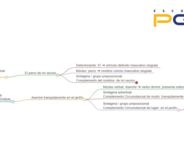 Diagrama de árbol para el análisis sintáctico de "El perro de mi vecino duerme tranquilamente en el jardín", mostrando sujeto y predicado.