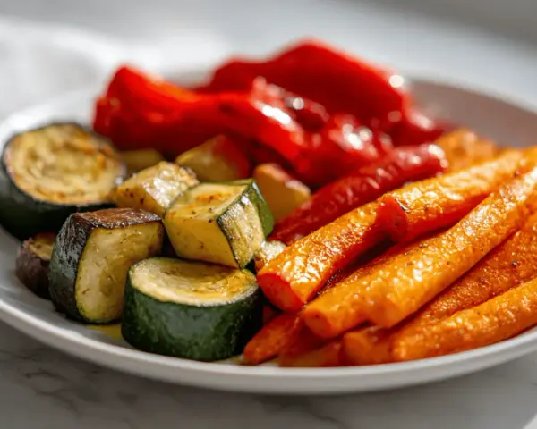 Pyszne warzywa z airfryer: chrupiące marchewki, cukinia i papryka, idealne na lekki posiłek.
