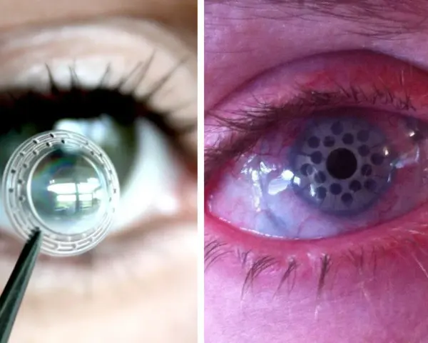 Lente per trapianto di retina in fase di applicazione e occhio con impianto retinico.