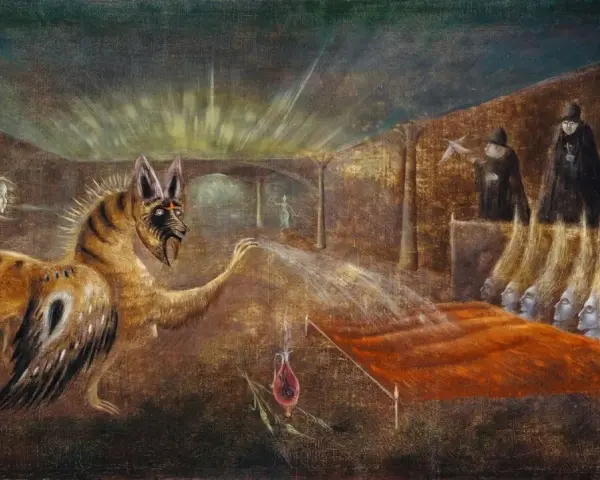 Œuvres d'art de Leonora Carrington : une créature hybride crache sur des têtes flottantes devant des figures en robe.