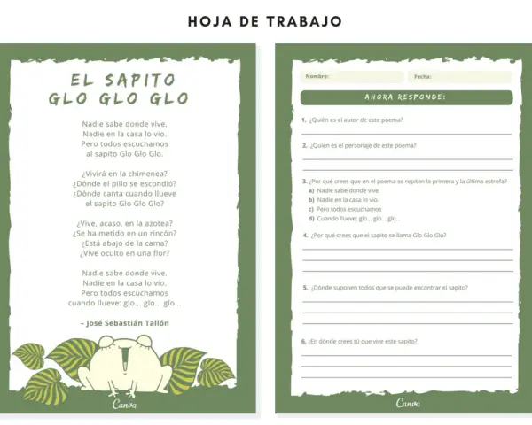 Hoja de trabajo con el poema "El sapito Glo Glo Glo" y preguntas para leer y responder. Incluye una ilustración de un sapito.