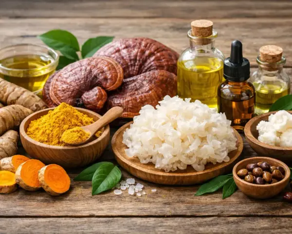 Naturalne składniki: kurkuma, grzyby reishi, olejki i białe grzyby, które mogą zawierać betaglukan.
