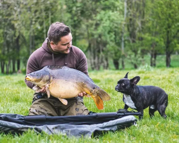 Ein Angler präsentiert stolz einen großen Karpfen, während sein kleiner Hund neugierig zusieht. Ein erfolgreicher Tag beim feedern auf Karpfen.