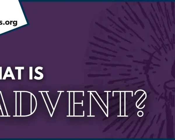 What is Advent?" text on a purple background with a stylized candle and rays. Explores the meaning of the catholic first Sunday of Advent.