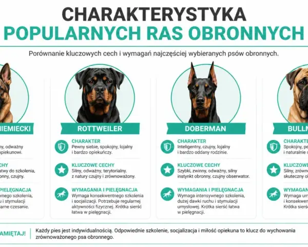 Cztery psy obronne: owczarek niemiecki, rottweiler, doberman i bullmastiff. Każdy z nich, mimo potencjalnie agresywne psy, wymaga odpowiedniego szkolenia.