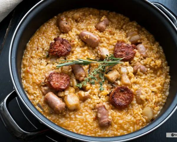 Arroz a la zamorana en paellera con chorizo, salchichas y hierbas aromáticas.