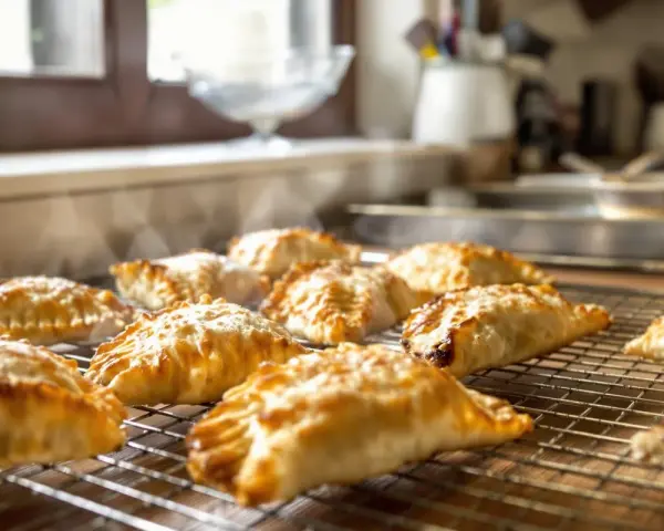 Empanadillas doradas y humeantes enfriándose en una rejilla.