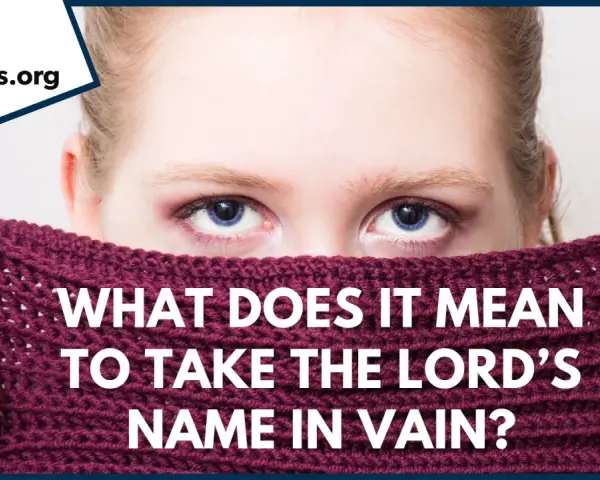 A young person's eyes peer over a burgundy scarf, asking "What does it mean to take the Lord's name in vain?