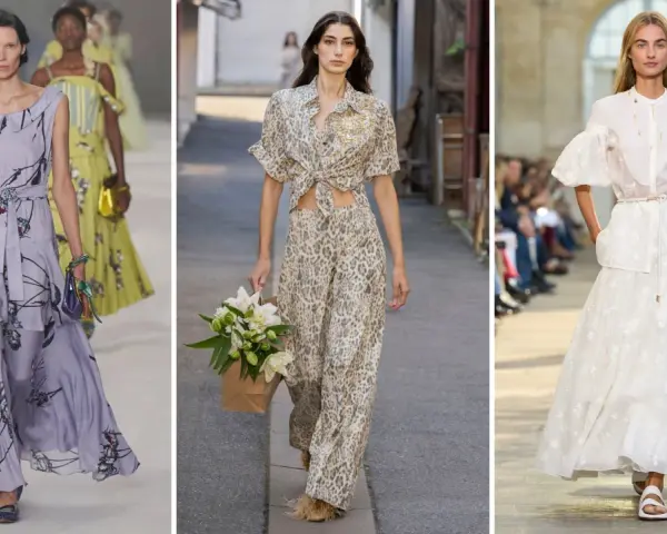Modelle sfilano con abiti eleganti: uno lilla con stampa floreale, uno animalier con camicia annodata e pantaloni sotto, e uno bianco ricamato.