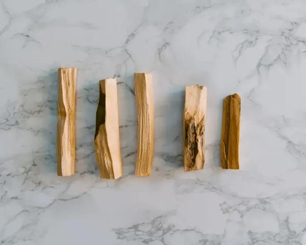 Seis trozos de palo santo sobre mármol. El palo santo se usa para purificar y aromatizar.