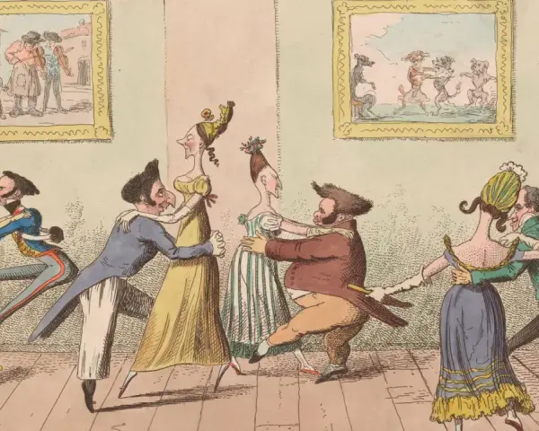 Karikatur von Paaren, die ausgelassen den Walzer tanzen. Ein Musiker spielt Geige, während Hunde im Hintergrund tanzen.