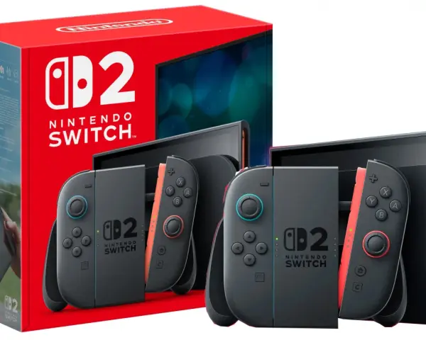 Zestaw Nintendo Switch w języku polskim: konsola, dwa kontrolery Joy-Con i stacja dokująca.