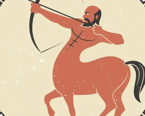 Strzelec wady, mityczny centaur z łukiem, celuje w dal. Jego sylwetka, niczym z greckiej wazy, otoczona jest ozdobnym meandrem.