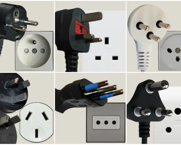 Różne rodzaje wtyczek i gniazdek elektrycznych, w tym te używane we Włoszech.