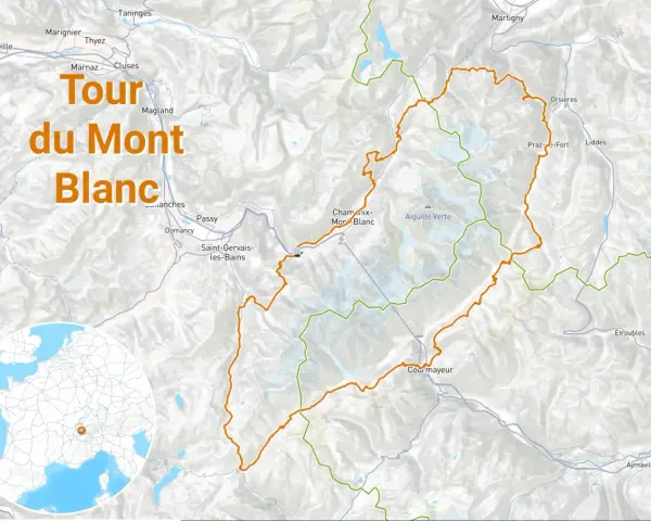Carte du Tour du Mont Blanc, montrant les sentiers en orange et vert, traversant des villes comme Chamonix et Courmayeur.
