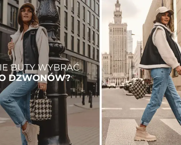 Kobieta w jeansach dzwonach i beżowych traperach, idealne buty do dzwonów. Stylizacja miejska.
