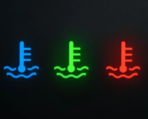 Icone di un termometro in acqua, blu, verde e rosso, che indicano la temperatura del liquido di raffreddamento.
