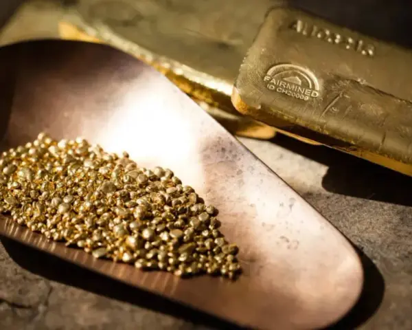 Piccoli granelli scintillanti di oro riciclato riposano in una paletta di rame, accanto a lingotti dorati.