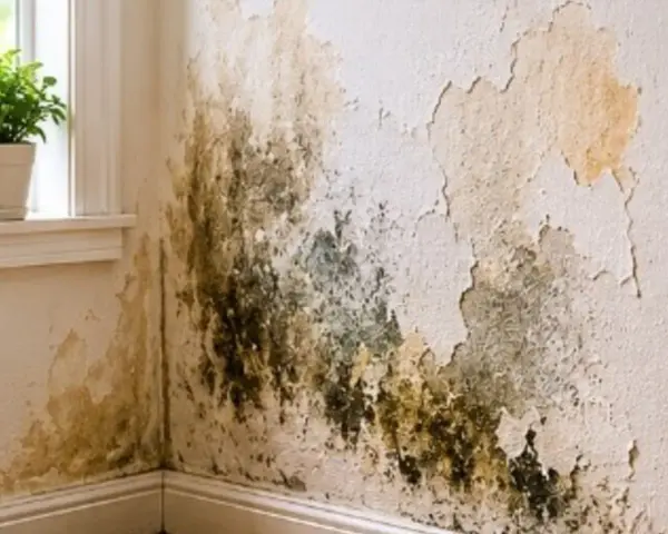 La pintura se cae de la pared por humedad, formando manchas oscuras y descamándose.