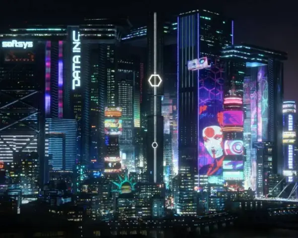 Noche futurista con rascacielos iluminados por neones, anuncios digitales y la silueta de una ciudad que evoca la actualización cyberpunk 2077.