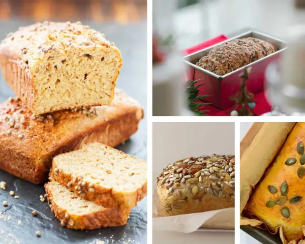 Vier Bilder zeigen verschiedene Brote, die in Kastenformen gebacken wurden. Ein Brot ist mit Körnern bestreut, ein anderes mit Kürbiskernen.