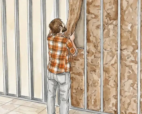 Hombre colocando aislamiento en una estructura metálica para insonorizar habitación.