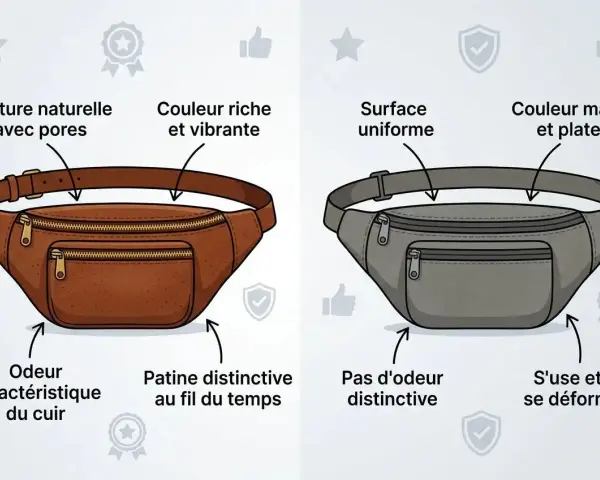 Comparaison de deux sacs banane : l'un en cuir naturel, l'autre en tissu synthétique. Le cuir offre une texture poreuse et une patine unique, tandis que le tissu est uniforme mais se déforme.