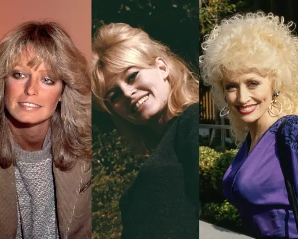 Ikony stylu z lat 80. z bujnymi fryzurami: Farrah Fawcett, Brigitte Bardot i Dolly Parton.