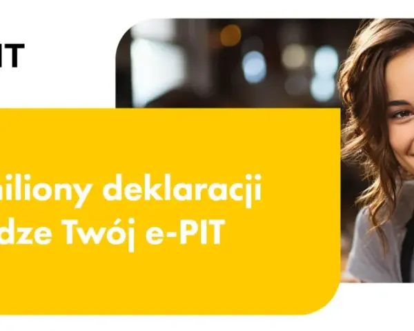 Uśmiechnięta kobieta obok napisu "Twój e-PIT". Dowiedz się, jak sprawdzić status zwrotu podatku.