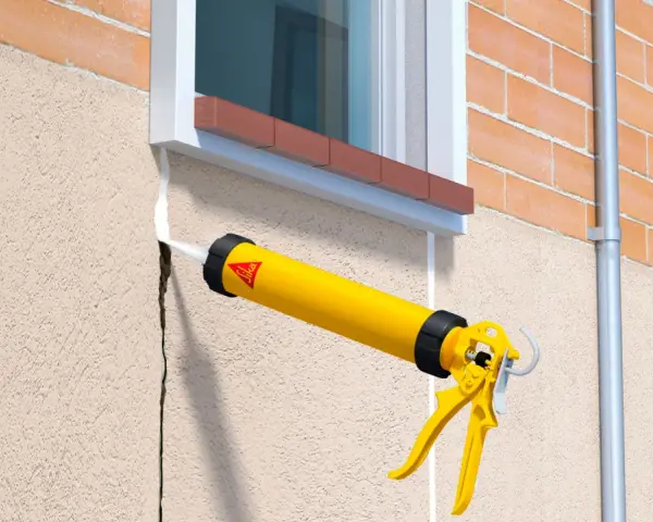 Pistola aplica sellador blanco en una grieta del rebozado de la pared exterior, junto a una ventana.