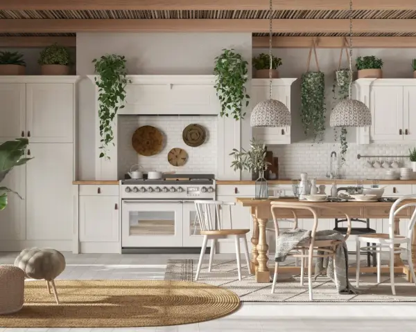 Cucina luminosa con mobili chiari, tante piante e un tavolo in legno. Un'atmosfera country chic rilassante.
