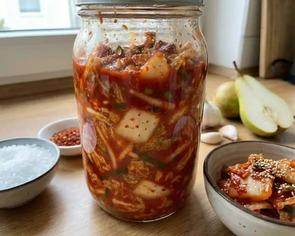 En stor burk med hemgjord kimchi, redo att jäsa. Ingredienser som chili, vitlök och päron syns bredvid. Ett perfekt kimchi recept!