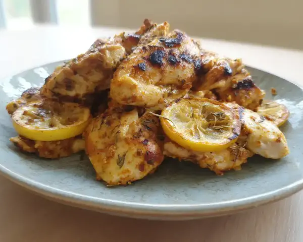Grillad, saftig marinad kyckling med citronskivor på en ljusblå tallrik. Perfekt för en sommarfest!