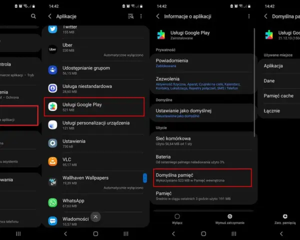 Ekran telefonu z ustawieniami aplikacji Google Play, pokazujący informacje o pamięci i opcję wyczyszczenia.