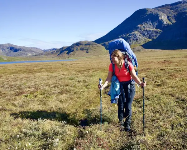 Frau wandert mit großem Rucksack und Stöcken über einen grasbewachsenen Hügel. Im Hintergrund ein See und Berge. Ein Abenteuer auf dem Arctic Circle Trail.