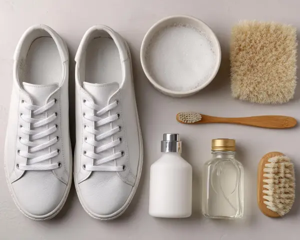 Un paio di scarpe da ginnastica bianche, spazzole, sapone e dentifricio per pulire la gomma bianca delle scarpe.