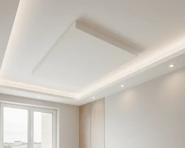 Soffitto moderno con faretti e illuminazione a LED integrata, un esempio di come imbiancare il soffitto per un effetto luminoso e pulito.
