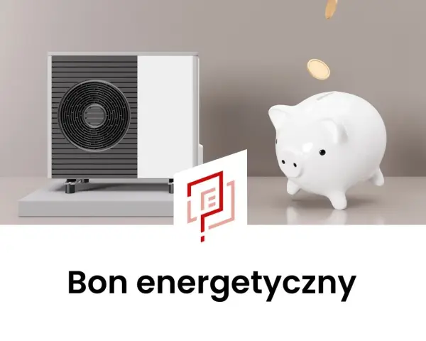 Pompa ciepła i skarbonka z monetami symbolizują oszczędności. Bon energetyczny 2026 pomoże Ci zadbać o domowy budżet.