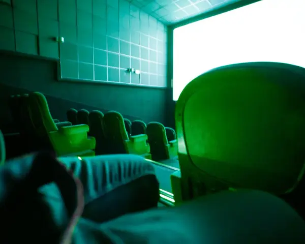 Puste zielone fotele kinowe, idealne jastrzębia góra atrakcje na niepogodę. Czekamy na film.