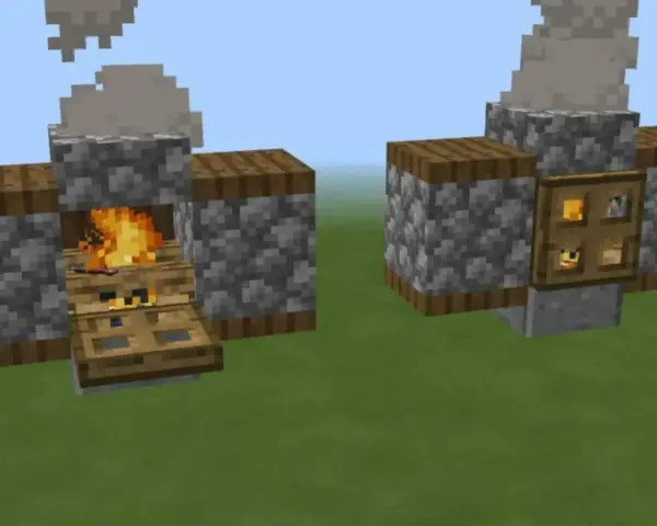 Un ahumador Minecraft con fuego y humo. A la derecha, una puerta con compartimentos para cocinar.