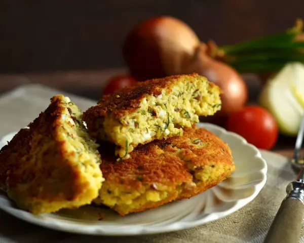 Pyszny kotlet jajeczny z ziołami, podany na talerzyku. W tle cebula i pomidorki.