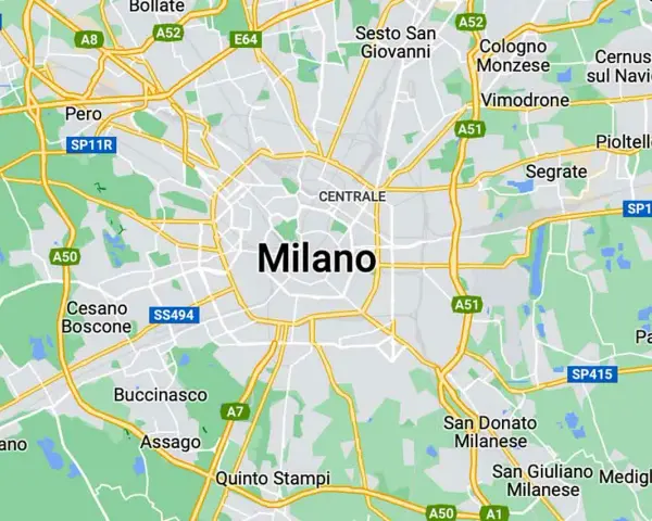 Mapa drogowa Mediolanu i okolic, z zaznaczoną nazwą miasta.