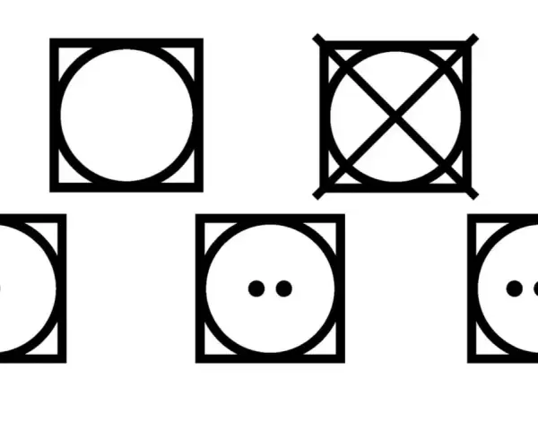 Fünf Piktogramme für den Wäschetrockner: Kreis im Quadrat (Trocknen), durchgestrichener Kreis im Quadrat (Nicht trocknen), Kreis mit einem Punkt (niedrige Temperatur), zwei Punkte (mittlere Temperatur), drei Punkte (hohe Temperatur).