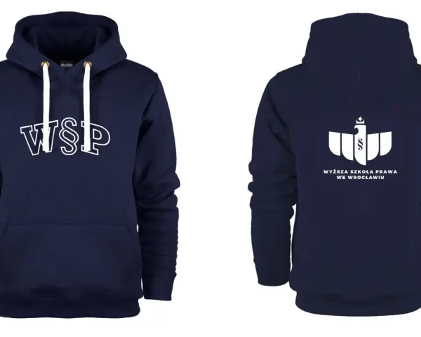 Granatowa bluza z kapturem z białym napisem "WSP" z przodu i logo uczelni z tyłu.