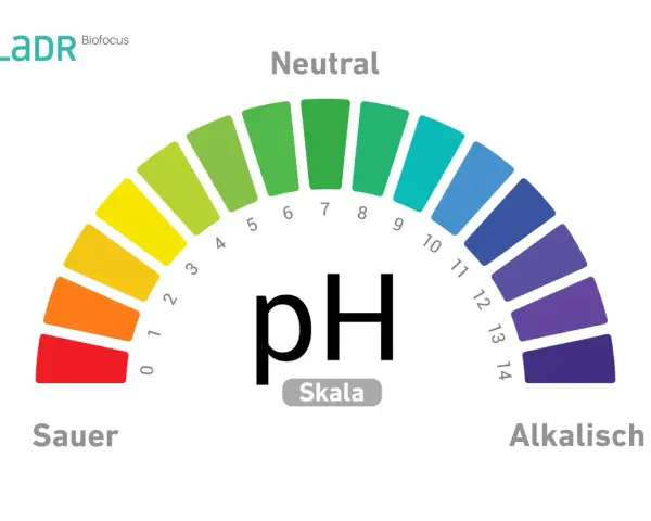Die pH-Wert Skala zeigt den Bereich von sauer (rot) über neutral (grün) bis alkalisch (blau/violett).